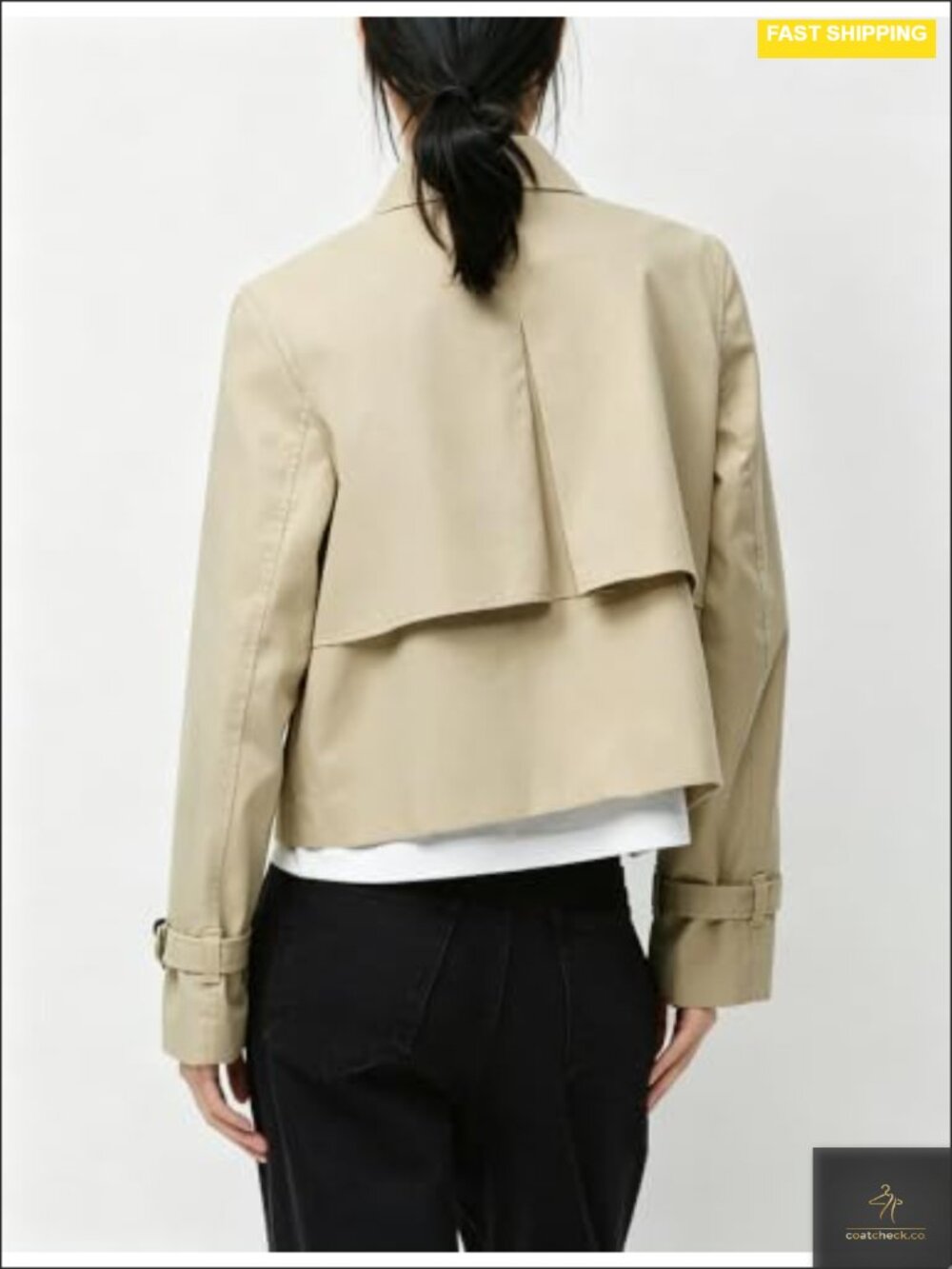Cropped Trench Coat Double Breasted Lightweight Casual Jacket with Pockets Fall - Picture 3 of 6